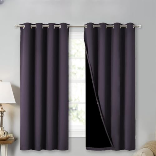 100% Blackout Curtains with Black Liners (Greyish Purple / 52"W x 63"L (Pack of 2))