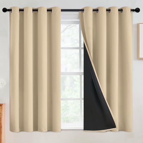Beige 100% Blackout Curtains Room Darkening Living Room 54 Inch (Beige / 52"W x 54"L (Pack of 2))