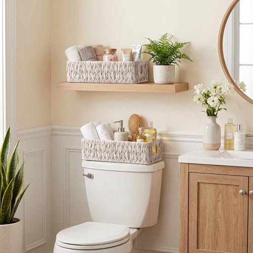 White Wicker Basket for Bathroom (White (Water Hyacinth) / 14¼" L x 6¾" W x 3¾" H)