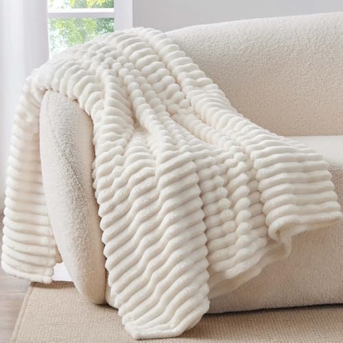 Ribbed Fleece Throw Blanket for Couch (Cream / Throw XL(50"x70"))