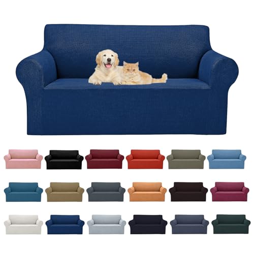 2026 New Stretch Loveseat Sofa Slipcovers Couch Cover for 2 Cushion Furniture Protector Sofa Covers with Elastic Bottom Jacquard Fabric Small Checks for Pets (Classic Blue / Loveseat)