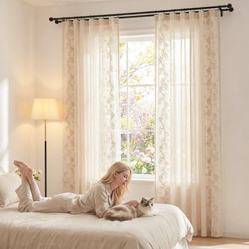 Floral Linen Curtains 96 Inch Farmhouse Back Tab 2 Panels (Vine | Beige / 50"W x 96"L (Pack of 2))