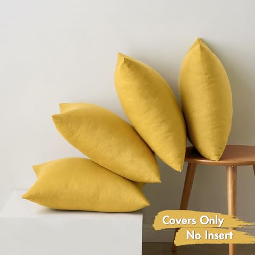 Pack of 4 Decorative Outdoor Throw Pillow Covers Linen Waterproof Pillow Covers Summer Farmhouse Cushion Cases for Patio Garden Tent Balcony Couch Sofa 18x18 Inch Yellow (18" x 18" (Pack of 4) / Yellow)