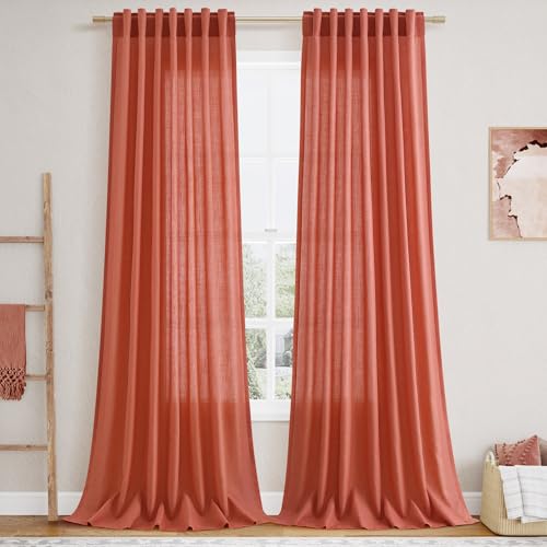 Coral Linen Curtains 108 Inches Long 2 Panels Set Back Tab Loop Pocket Light Filtering Semi Sheer Boho Large Window Decor Extra Long Drapes for High Ceiling Living Room 52x108 (52"W x 108"L (Pack of 2) / Coral)