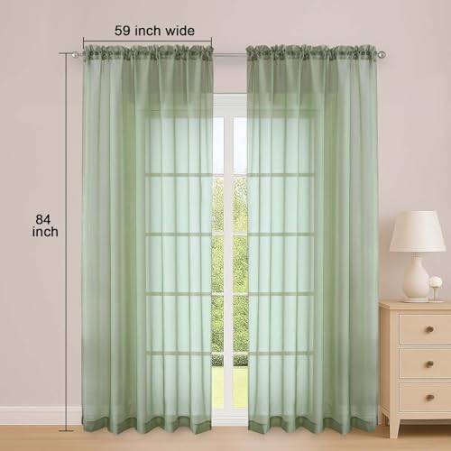 Sheer Curtains 84 Inches Long 2 Panels Set (Sage Green / 59"W x 84"L (Pack of 2))