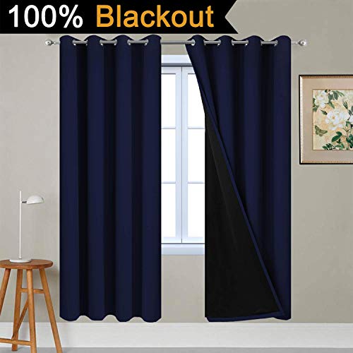 100% Blackout Curtains with Black Liners (52"W x 72"L (Pack of 2) / Navy Blue)