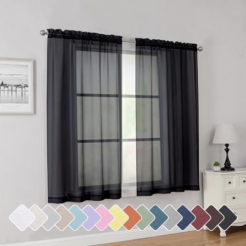 Rod Pocket Top Solid Voile Sheer Curtains for Bedroom (Black / 42"W x 54"L (Pack of 2))