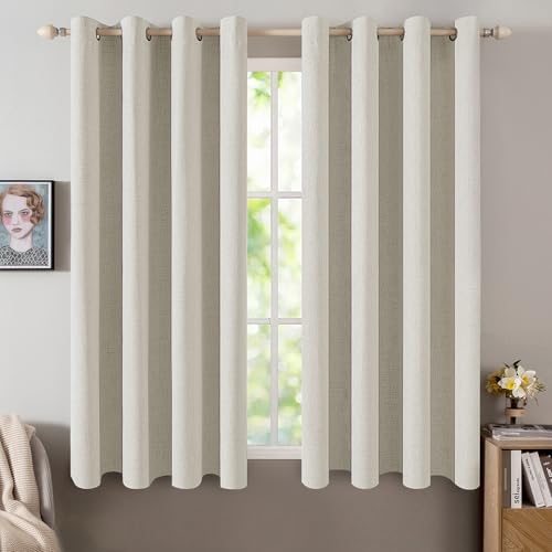 100% Blackout Linen Curtains for Bedroom 52x45 Inches Light Cream (Light Cream / 52"W x 45"L (Pack of 2))