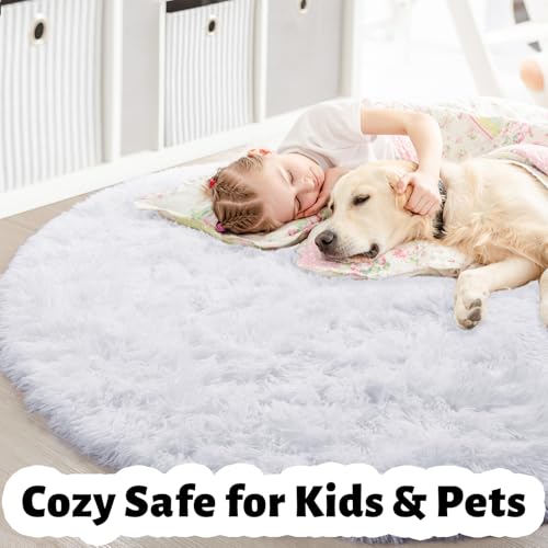 White Furry Round Circle Rug 6Ft for Bedroom Living Room Playroom (White / 6' (Round))