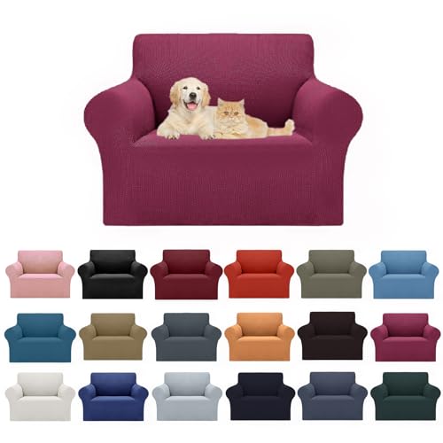 2026 New Stretch Chair Sofa Slipcovers Couch Cover for 1 Seater Furniture Protector Sofa Covers with Elastic Bottom Jacquard Fabric Small Checks for Pets (Wine / Chair)
