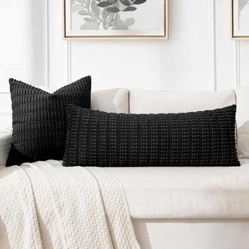 Lumbar Corduroy Throw Pillow Cover for Bed 14x36 Black Pack of 1 (Black / 36" x 14" (Pack of 1))