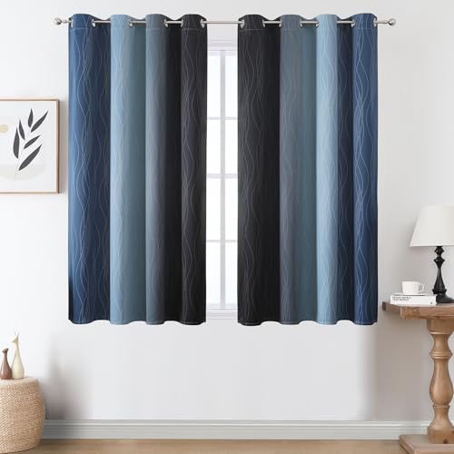 Navy Blue and Black Ombre Blackout Curtains for Bedroom 54 Inch Length (Black and Navy Blue / 52"W x 54"L (Pack of 2))