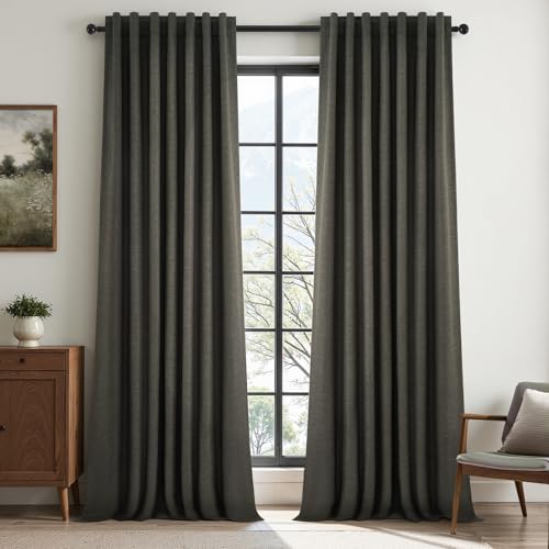102 Inch Long Charcoal Gray Blackout Curtains for Bedroom 2 Panels Set Modern Natural Linen Back Tab Pleated Floor to Ceiling Thermal Drapes Hooks Rings 102 In Window Drapes 100% Black Out Linen (Carbon Grey / 52"W x 102"L (Pack of 2))