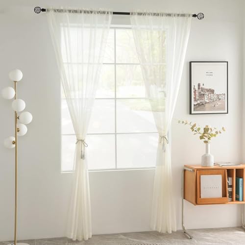 Solid Sheer Rod Pocket Curtain Voile Draperies 2 Panels Ivory Beige Black Grey Coffee 42 Inch Width 72 Inch Long 1 Pair for Kitchen Bedroom Children Living Room Yard (Ivory / 42"W x 72"L (Pack of 2))