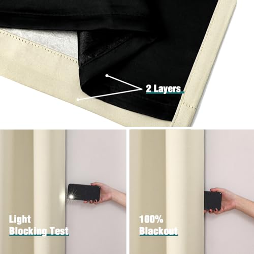 100% Blackout Curtains for Bedroom 95 Inches Long 2 Panels Set (52"W x 95"L (Pack of 2) / Light Beige)