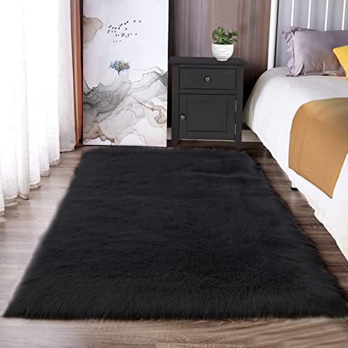 Black Rugs for Bedroom 3x5 Throw Rug Shag Washable Faux Fur Sheepskin Rug for Living Room Floor Plush Soft Rugs Cute Room Decor Rectangle (3' x 5' (Rectangular) / Black)
