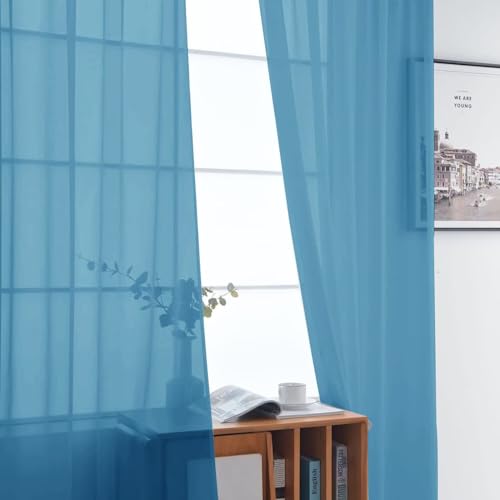 Basic Rod Pocket Sheer Voile Window Curtain Panels Blue 1 Pair 2 Panels 52 Width 108 Inch Long for Kitchen Bedroom Children Living Room Yard（Blue (Blue / 52"W x 108"L (Pack of 2))