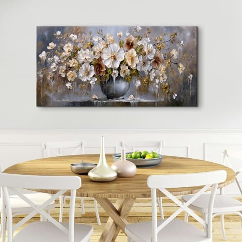 Flower Wall Art Vintage Floral Canvas Prints for Living Room Rustic Farmhouse Still Life Pictures Botanical Flowers Paintings Poster Modern Neutral Artwork for Bathroom Kitchen Decoration 24x48" (48"L x 24"W / White Flower)