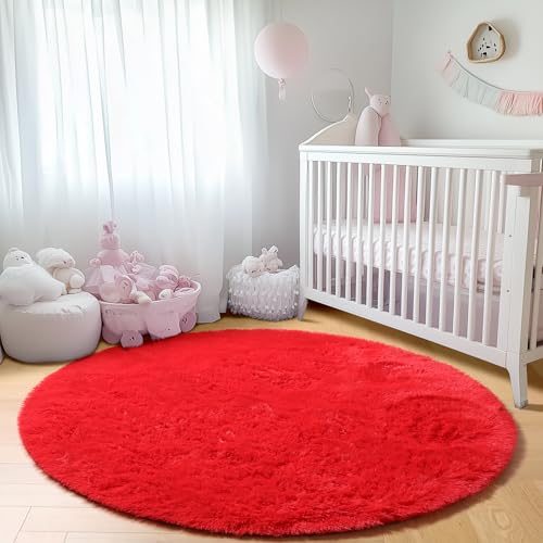 Red Fluffy Round Rug Circle Area Rugs 4ft for Kids Girls Boys Teen Bedroom (Red / 4' (Round))