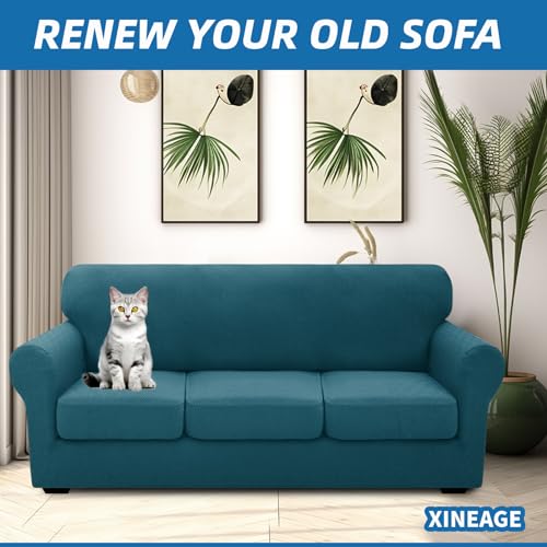 4 Piece Stretch Sofa Cover (71"-91"(3 Cushions) / Peacock Blue)