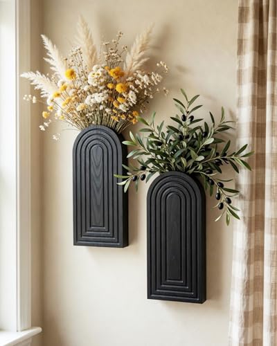 2 Pack Wooden Wall Vase Set (Black / Large)