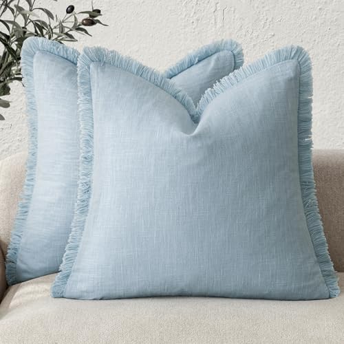 Decorative Linen Fringe Throw Pillow Covers 26×26 Light Blue (26" x 26" (Pack of 2) / Crystal Blue)