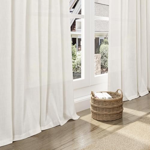Extra Long Beige White Linen Curtains 144 Inch for Living Room 2 Panels Set Rod Pocket Back Tab Light Filtering Semi Sheer Curtain Privacy Floor to Ceiling High Ceiling Drapes for Farmhouse 52x144 (52"W x 144"L (Pack of 2) / Beige White)
