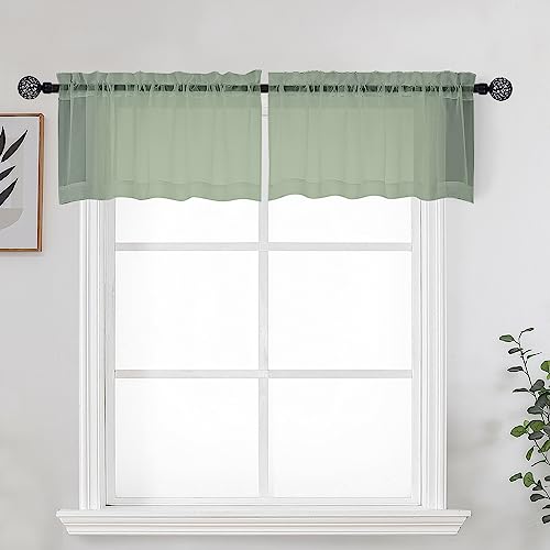 Sage Sheer Kitchen Valance for Windows Set of 2 (Sage Green / 42"W x 14"L (Pack of 2))