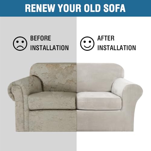 Real Velvet Plush 3 Piece Stretch Sofa Covers Couch Covers for 2 Cushion Couch Sofa Slipcovers Width Up to 90 Inch Thick Soft Stay in Place (2 Cushion Sofa / Oatmeal)