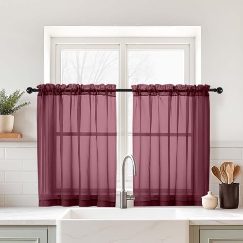 Burgundy Small Sheer Curtains 2 Panels Set (42"W x 36"L (Pack of 2) / Burgundy)