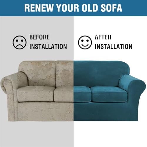 High Stretch Sofa Slipcover 4 Piece Cover Velvet Furniture Protector Form Fit Thick Velvet Extra Large Sofa Cover for 3 Cushion Couch Width Up to 97 Inch (3 Cushion Large Sofa / Deep Teal)