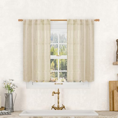 Semi Sheer Linen Curtains 40 Inch Length for Cafe Small Windows (Linen / 25"W x 40"L (Pack of 2))