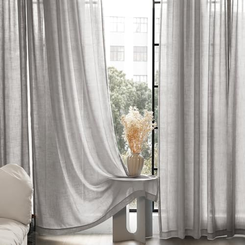 Linen Blend Grey Curtains for Living Room Back Tab Modern Farmhouse Semi Sheer Light Gray Curtains 108 inches Long 2 Panels Set Muted Neutral Cotton Texture Window Curtain for Dining Room Bedroom (Grey / 52"W x 108"L (Pack of 2))