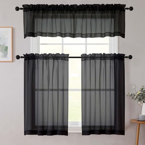Kitchen Curtains 24 Inch Length Tier 2 Pieces (Black / 42"W x 24"L (Pack of 2))