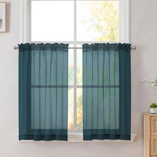 Dusty Blue Short Sheer Kitchen Curtains 36 Inch Length Tier Rod Pocket Cafe Drapes Half Window for Bathroom Small Windows 42 x 36 Inch (Dusty Blue / 42"W x 36"L (Pack of 2))