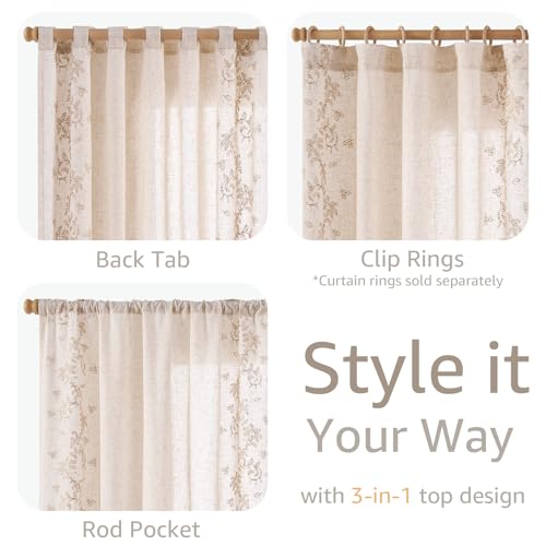Floral Linen Curtains 63 Inch Farmhouse Back Tab 2 Panels (Vine | Beige / 50"W x 63"L (Pack of 2))