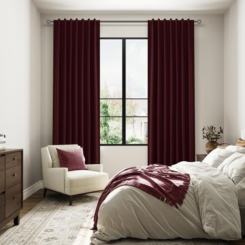 100% Blackout Curtains 108 Inch Length 2 Panels Set for Living Room Bedroom Back Tab Thermal Insulated Black Out Linen Drapes Room Darkening Window Curtains 108 Inches Long (Burgundy / 52"W x 108"L (Pack of 2))