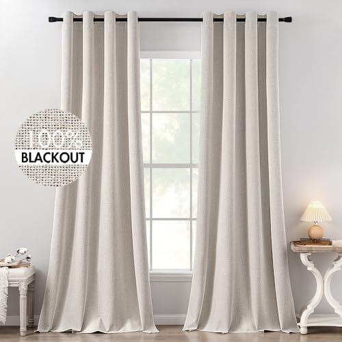 100% Blackout Linen Curtains for Bedroom 52x102 Inches Ivory (Ivory / 52"W x 102"L (Pack of 2))