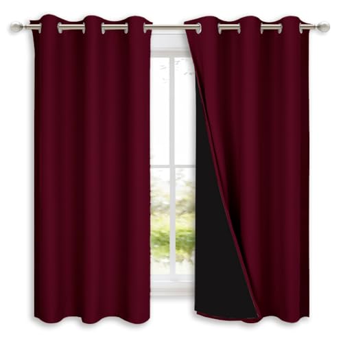 100% Blackout Short Curtains with Black Liners (Wine Red / 37"W x 60"L (Pack of 2))