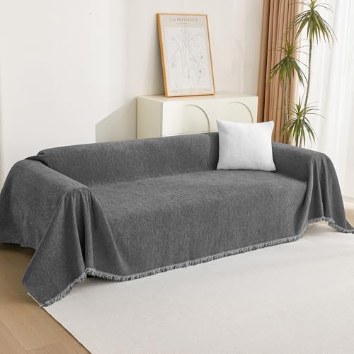 Boho Couch Cover Charcoal Gray Sofa Covers with Tassel Farmhouse Sofa Slipcover Simple Couch Protector for Dogs Chenille Sectional Couch Covers L Shaped Couch Cushion Covers (91" x 134" / Tassels Edge-charcoal Gray)