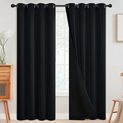 Black 100% Blackout Curtains Room Darkening Living Room 96 Inch (Black / 52"W x 96"L (Pack of 2))