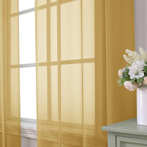 Gold Sheer Curtain 96 Inches Long 2 Panels Set (42"W x 96"L (Pack of 2) / Gold)