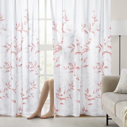 Non-See-Through Pink and White Privacy Sheer Curtains (Leaves-pink / 52"W x 84"L (Pack of 2))
