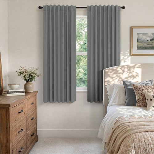 Gray Black Out Curtains 72 Inch Long for Bedroom 2 Panels Set Back Tab Pleated Neutral Boho Linen Textured Dark Grey Room Darkening Saving Energy Efficient Sound Deadening Drapes for Doorway 72 Length (Grey / 52"W x 72"L (Pack of 2))