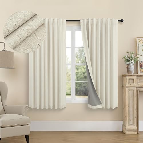 Linen Textured Boho 100% Blackout Small Window Curtains 45 inch Length 2 Panels Country Curtain for Kitchen Door Bathroom Bedroom Living Room Darkening Short Cafe Drape Back Tab Rustic Farmhouse Beige (Linen / 52"W x 45"L (Pack of 2))