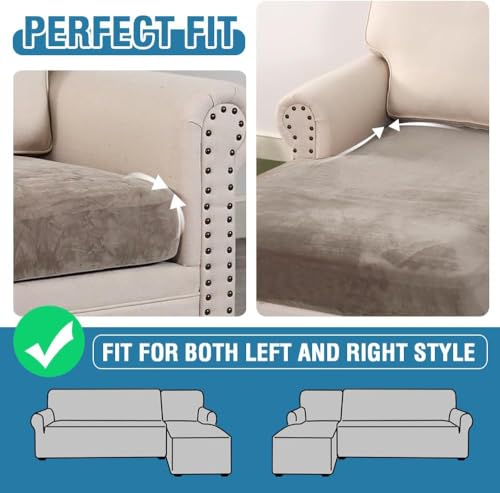 Velvet Stretch Sectional Couch Covers 4 Pieces Sofa Seat Cushion Covers L Shape Separate Cushion Couch Cover for Both Left (Taupe / 3 Seater + Chaise)