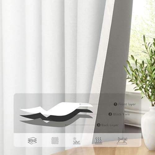 Black Out Curtains 63 Inch Long Small White Blackout Energy Saving Dining Room Darkening Curtain for Nursery Office Shabby Chic Faux Linen Kids Bedroom Curtains 63 Inch Length 2 Panels Back Tab Pocket (White / 52"W x 63"L (Pack of 2))