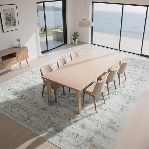 8x10 Boho Washable Area Rugs for Living Room (8' x 10' (Rectangular) / Milky White-light Blue-light Brown)