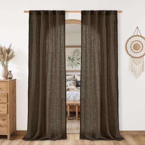Dark Brown Linen Boho Curtains 80 inch Length 2 Panels (Dark Brown / 34"W x 80"L (Pack of 2))