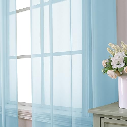 2 Pack Basic Sky Blue Sheer Curtain Drapes 63 Inch Length 2 Panels for Living Room (40"W x 63"L (Pack of 2) / Sky Blue)